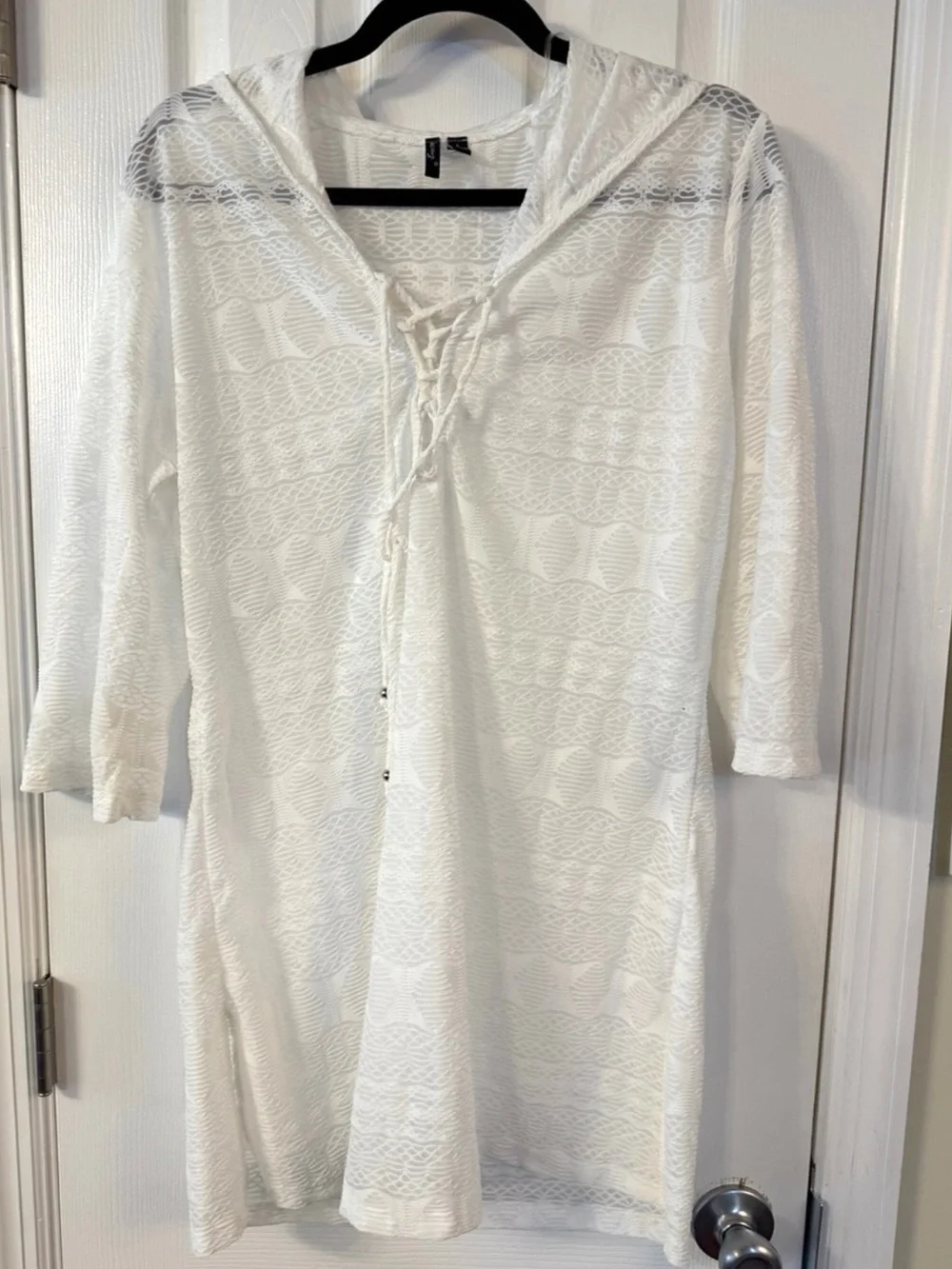 White Lace Hooded Swim Cover Up Tunic Large Beach Resort Vacation